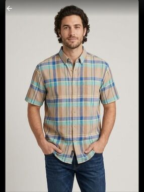 Vintage B.J. Barnett Shirt Size L Button Plaid Short Sleeve Cotton